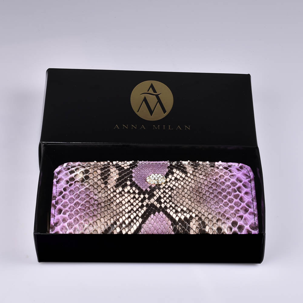 Cartera de piel de pitón marrón y rosa