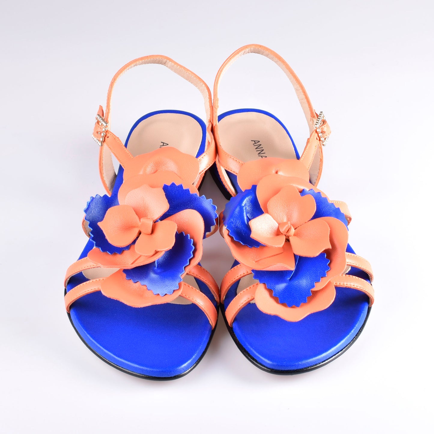 sandalias mujer azul y naranja 