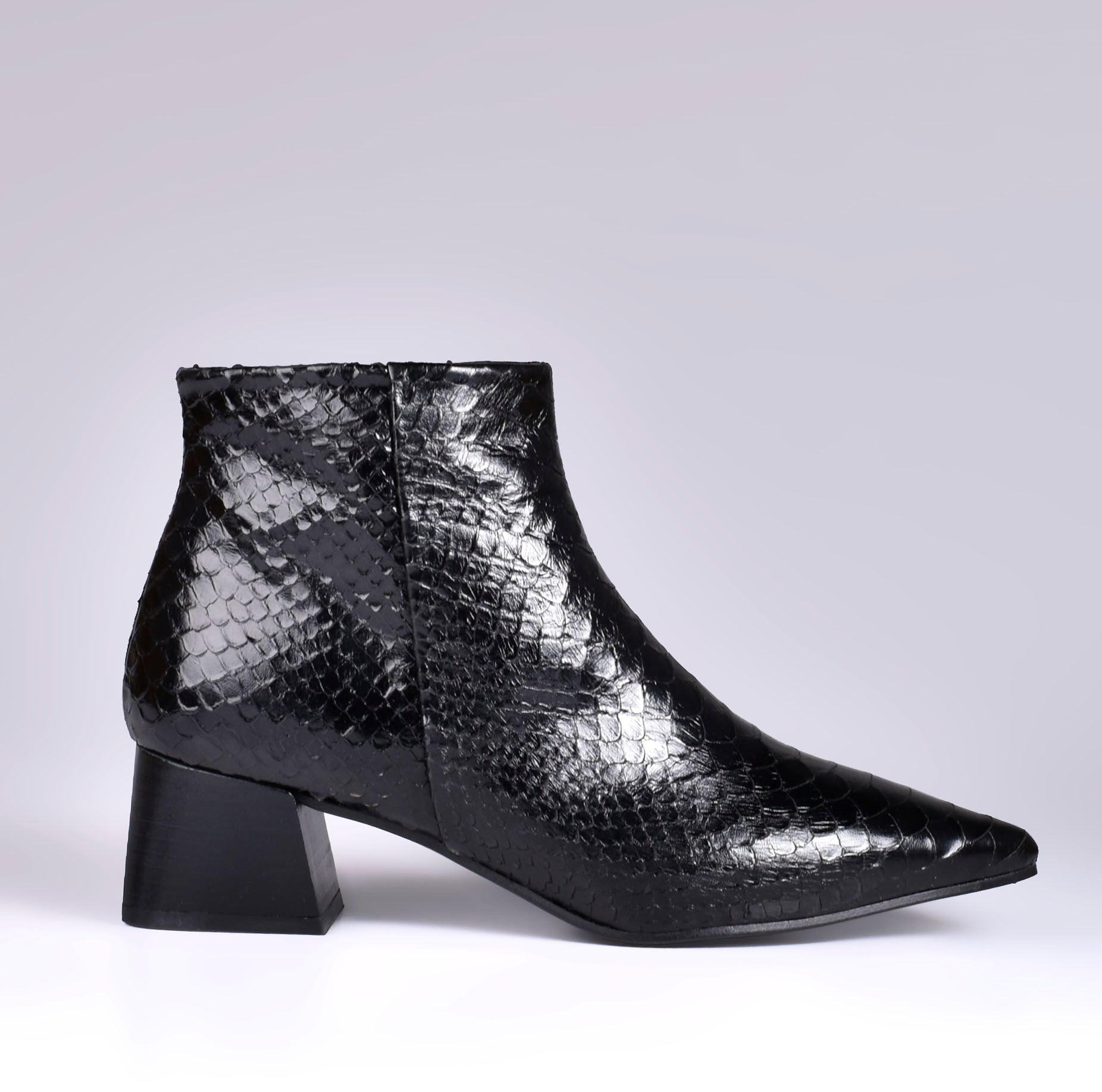 Black Patent Leather Snake Motif Leather Ankle Boots