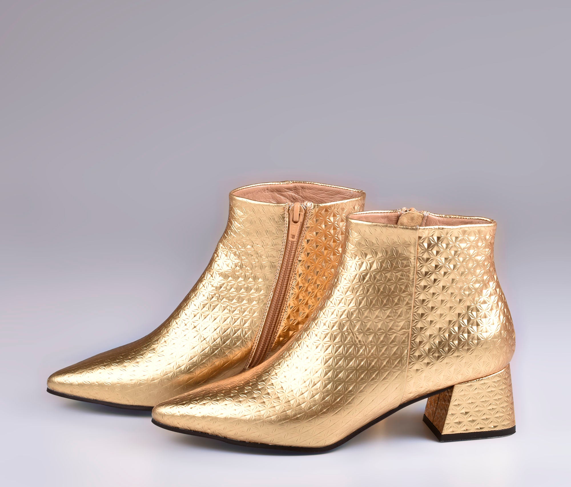 Low Heel Gold Leather Ankle Boot