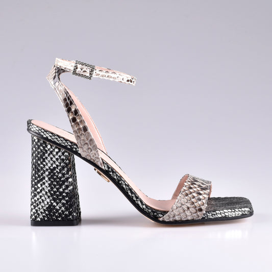 Silver and Gray Python Sandals with Wide Heel