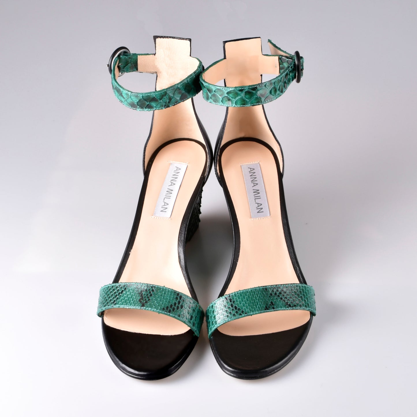 Green and black wedge sandals