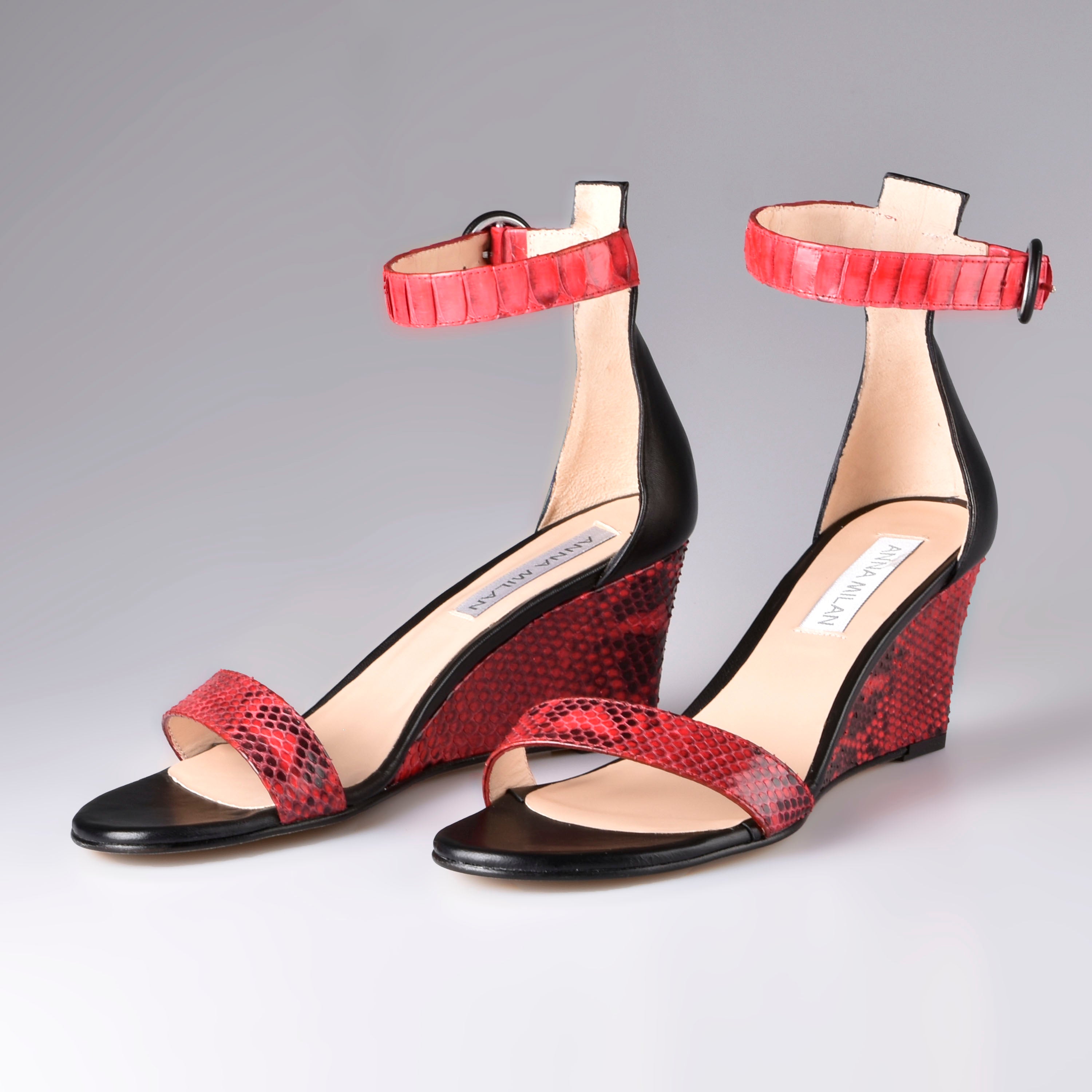 Red strappy 2024 wedge sandals